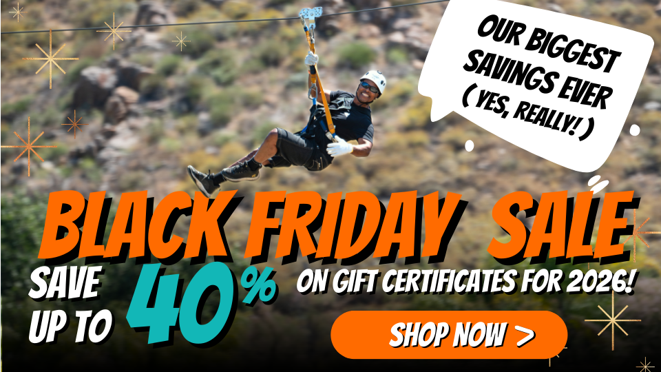 Person ziplining over rocks with 'Black Friday Sale' and 'Save up to 40%' text overlay.